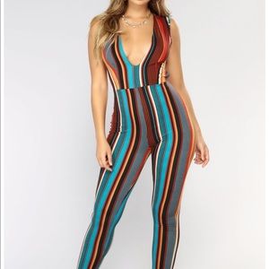 Fashion Nova Striped Rust/Teal Jumpsuit